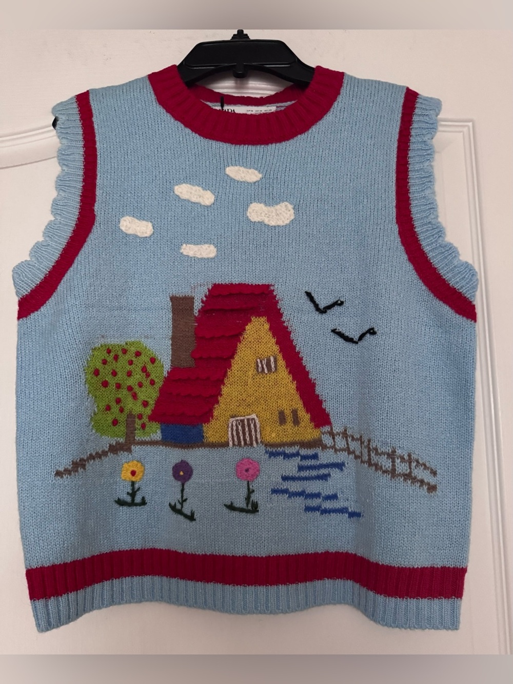 Zara Light Blue Knit Vest with Cottage Graphic